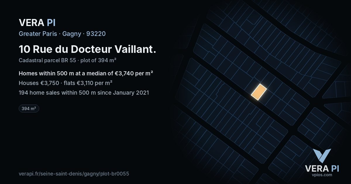 10 Rue du Docteur Vaillant, Gagny at night – the plot lit, the parcels around coloured by the prices near them