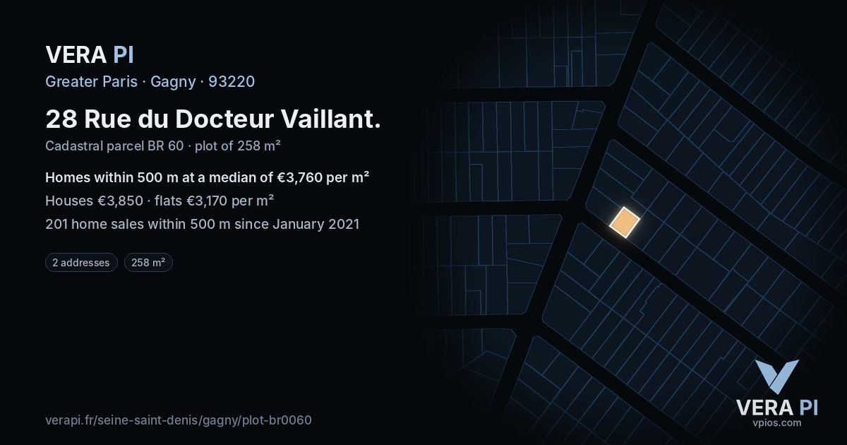 28 Rue du Docteur Vaillant, Gagny at night – the plot lit, the parcels around coloured by the prices near them