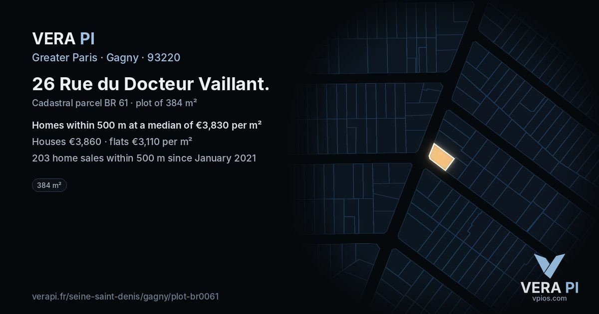 26 Rue du Docteur Vaillant, Gagny at night – the plot lit, the parcels around coloured by the prices near them
