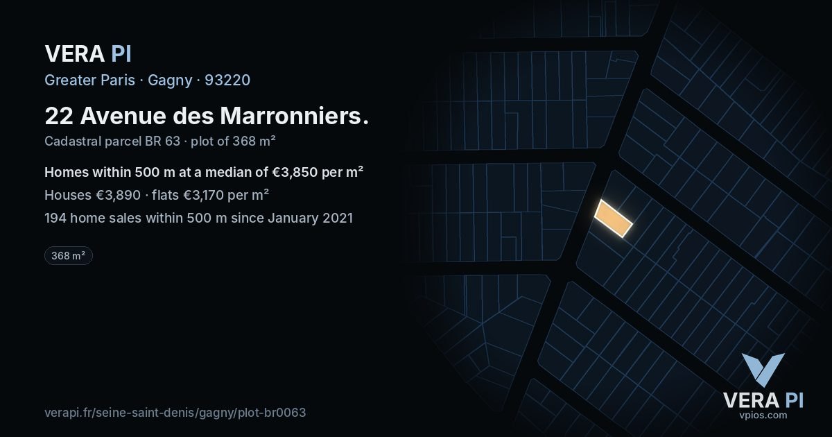 22 Avenue des Marronniers, Gagny at night – the plot lit, the parcels around coloured by the prices near them