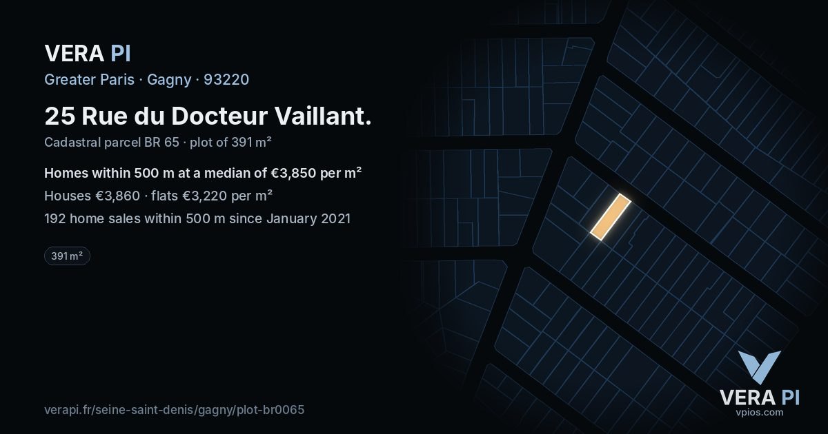 25 Rue du Docteur Vaillant, Gagny at night – the plot lit, the parcels around coloured by the prices near them