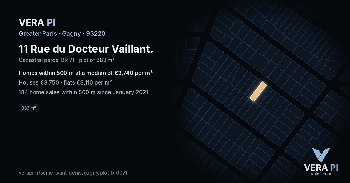 11 Rue du Docteur Vaillant, Gagny at night – the plot lit, the parcels around coloured by the prices near them