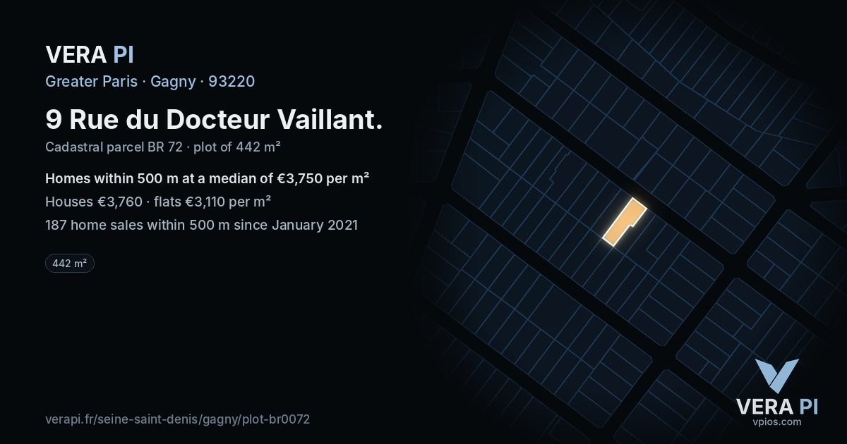 9 Rue du Docteur Vaillant, Gagny at night – the plot lit, the parcels around coloured by the prices near them