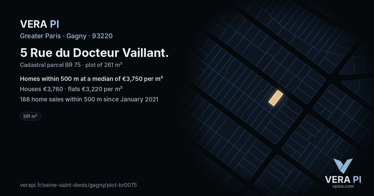 5 Rue du Docteur Vaillant, Gagny at night – the plot lit, the parcels around coloured by the prices near them