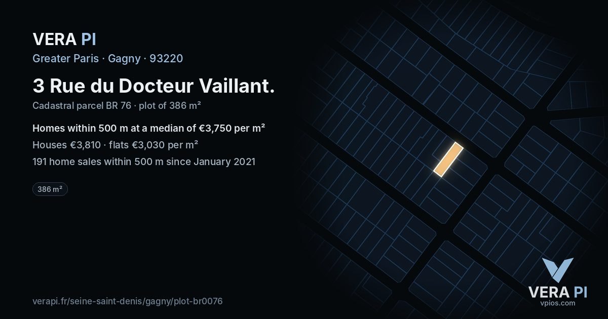 3 Rue du Docteur Vaillant, Gagny at night – the plot lit, the parcels around coloured by the prices near them
