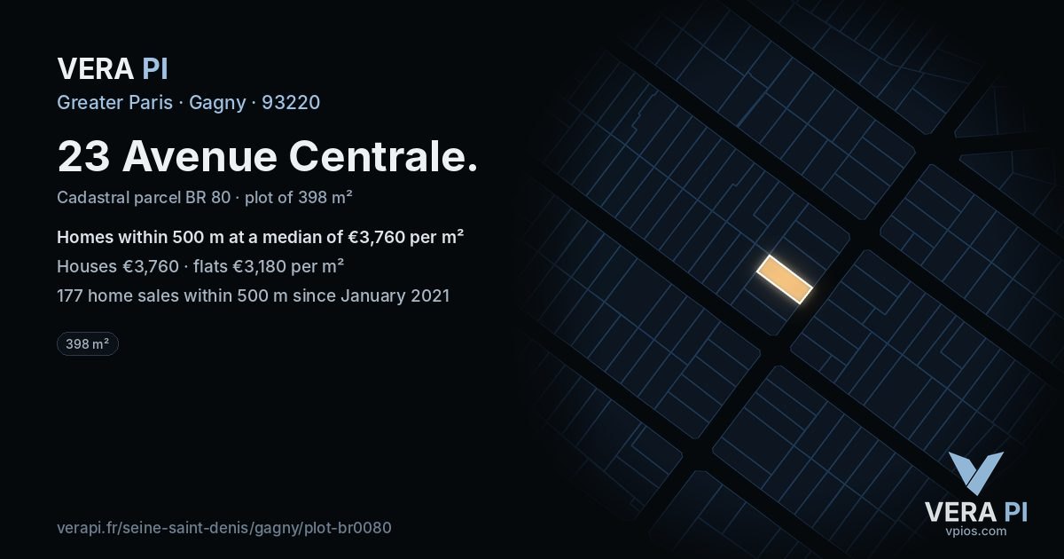 23 Avenue Centrale, Gagny at night – the plot lit, the parcels around coloured by the prices near them