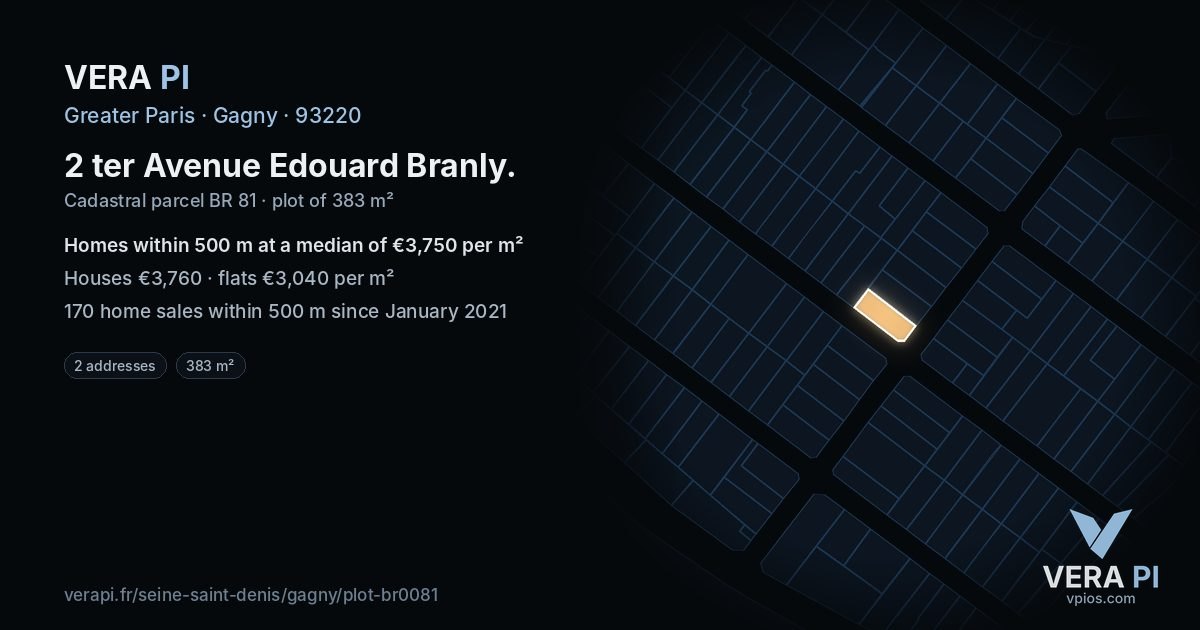 2 ter Avenue Edouard Branly, Gagny at night – the plot lit, the parcels around coloured by the prices near them