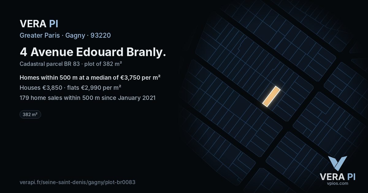 4 Avenue Edouard Branly, Gagny at night – the plot lit, the parcels around coloured by the prices near them