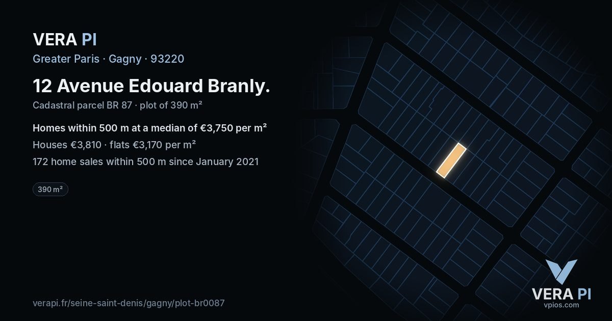12 Avenue Edouard Branly, Gagny at night – the plot lit, the parcels around coloured by the prices near them