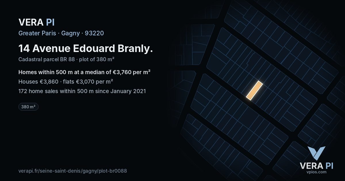 14 Avenue Edouard Branly, Gagny at night – the plot lit, the parcels around coloured by the prices near them