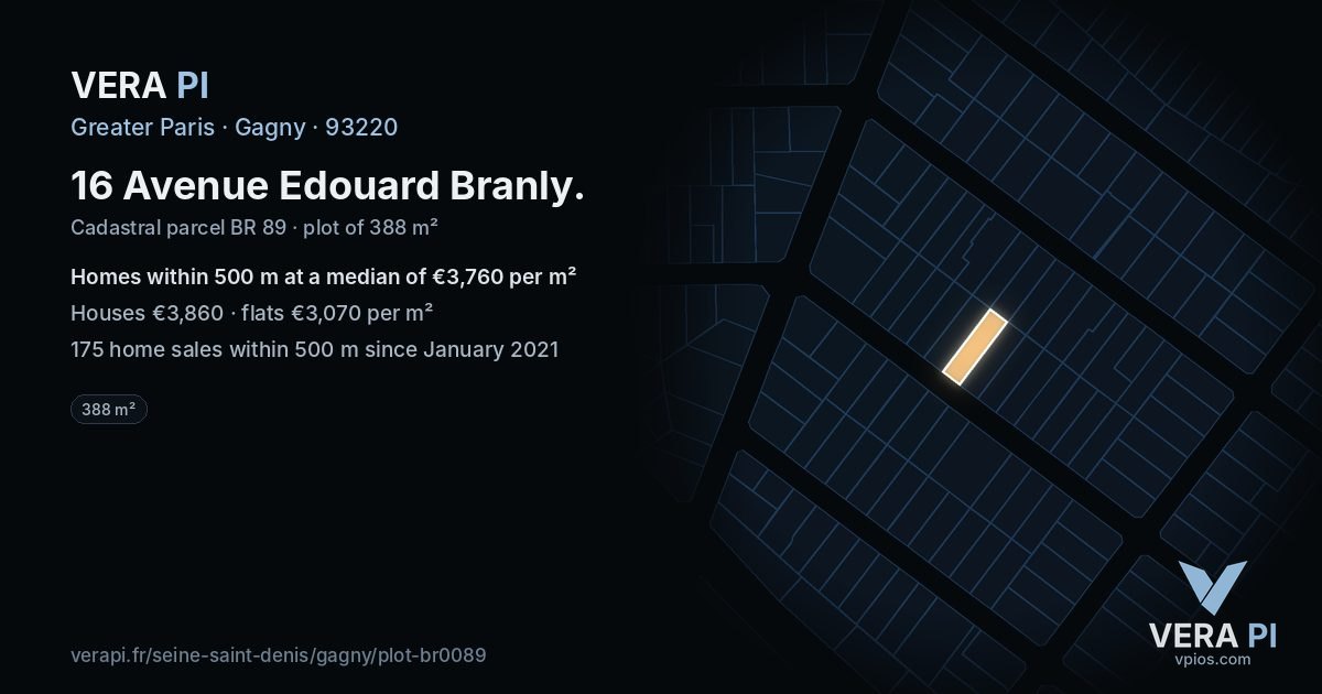16 Avenue Edouard Branly, Gagny at night – the plot lit, the parcels around coloured by the prices near them