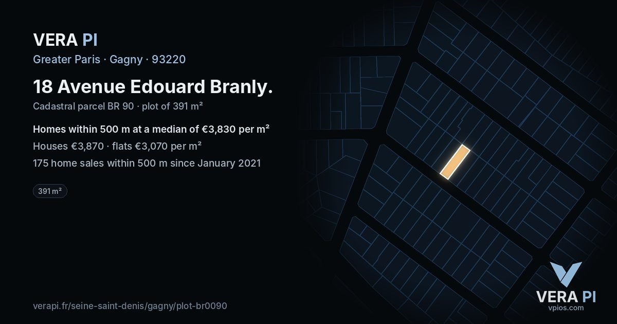 18 Avenue Edouard Branly, Gagny at night – the plot lit, the parcels around coloured by the prices near them