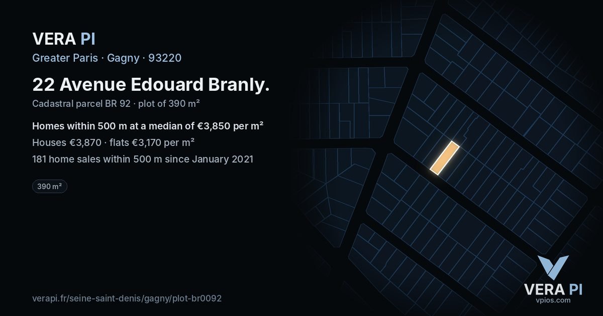 22 Avenue Edouard Branly, Gagny at night – the plot lit, the parcels around coloured by the prices near them