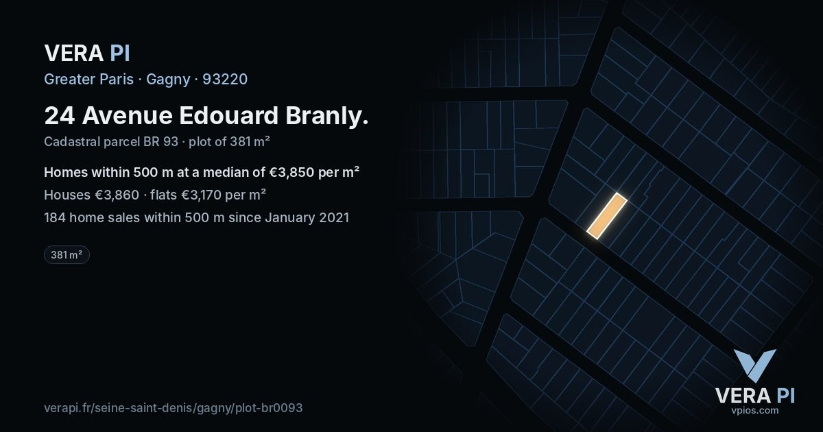 24 Avenue Edouard Branly, Gagny at night – the plot lit, the parcels around coloured by the prices near them