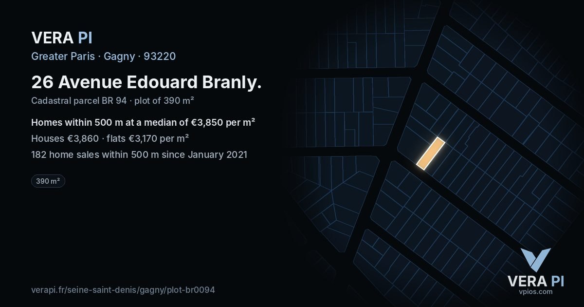 26 Avenue Edouard Branly, Gagny at night – the plot lit, the parcels around coloured by the prices near them