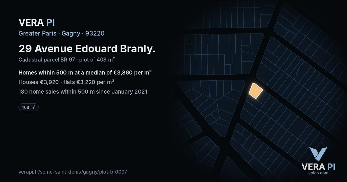 29 Avenue Edouard Branly, Gagny at night – the plot lit, the parcels around coloured by the prices near them
