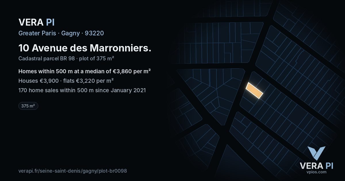 10 Avenue des Marronniers, Gagny at night – the plot lit, the parcels around coloured by the prices near them