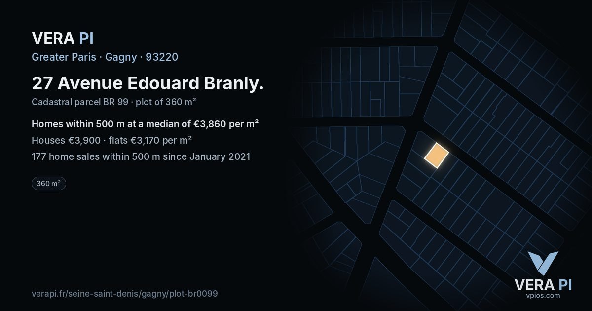 27 Avenue Edouard Branly, Gagny at night – the plot lit, the parcels around coloured by the prices near them