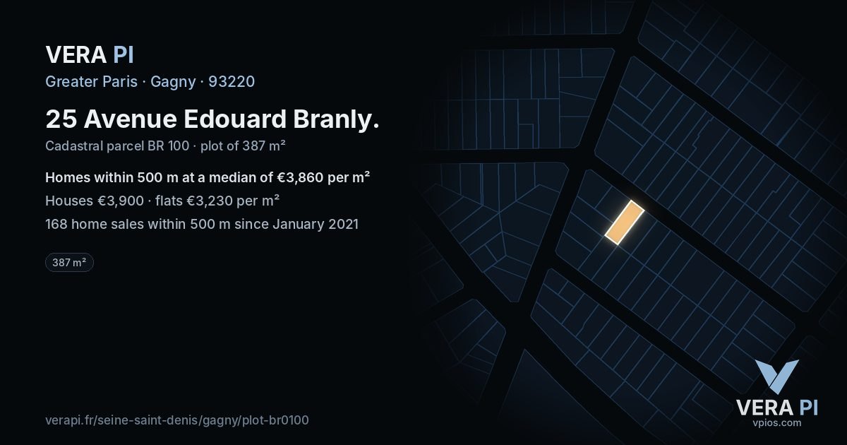 25 Avenue Edouard Branly, Gagny at night – the plot lit, the parcels around coloured by the prices near them