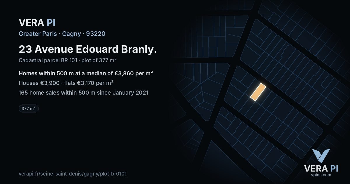23 Avenue Edouard Branly, Gagny at night – the plot lit, the parcels around coloured by the prices near them