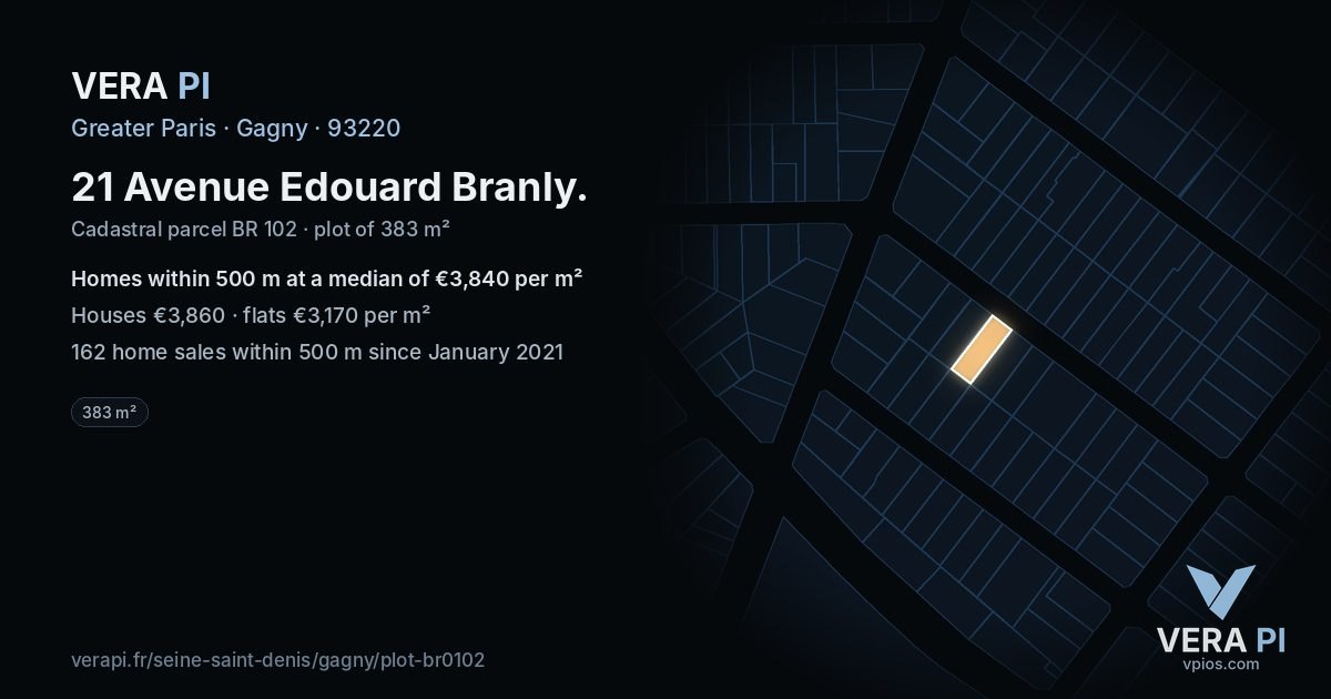 21 Avenue Edouard Branly, Gagny at night – the plot lit, the parcels around coloured by the prices near them