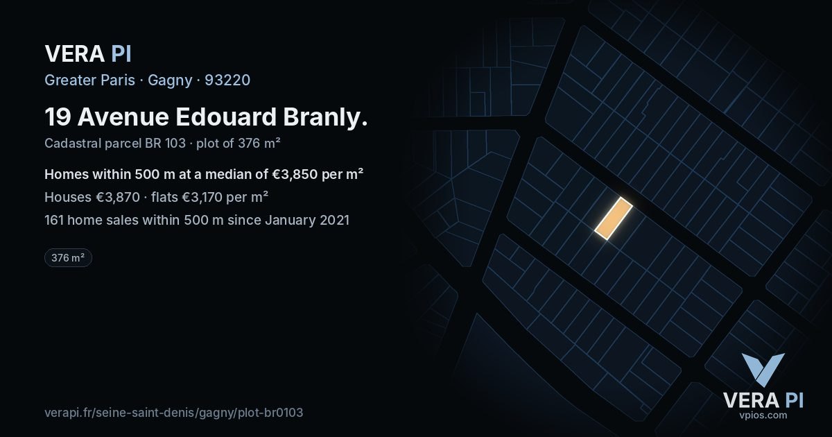 19 Avenue Edouard Branly, Gagny at night – the plot lit, the parcels around coloured by the prices near them