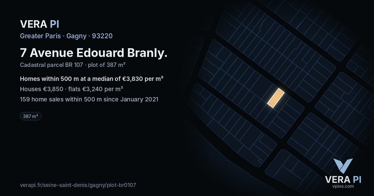 7 Avenue Edouard Branly, Gagny at night – the plot lit, the parcels around coloured by the prices near them