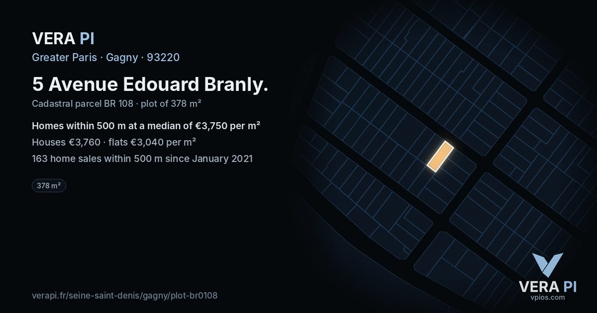 5 Avenue Edouard Branly, Gagny at night – the plot lit, the parcels around coloured by the prices near them