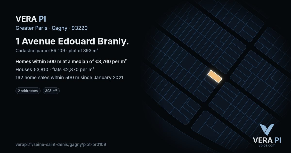 1 Avenue Edouard Branly, Gagny at night – the plot lit, the parcels around coloured by the prices near them