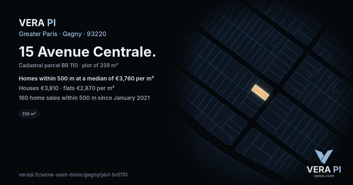 15 Avenue Centrale, Gagny at night – the plot lit, the parcels around coloured by the prices near them