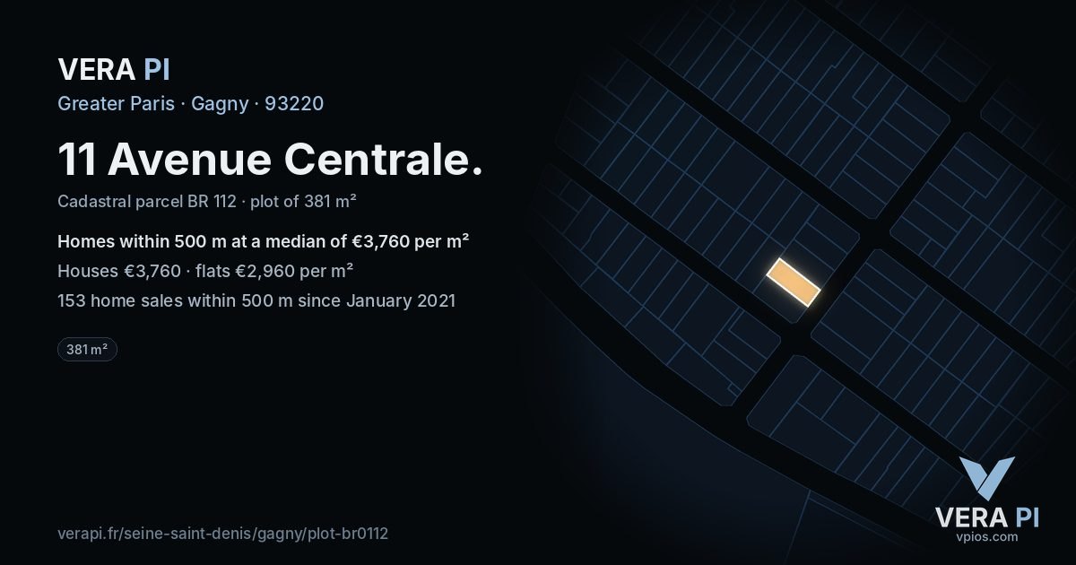 11 Avenue Centrale, Gagny at night – the plot lit, the parcels around coloured by the prices near them