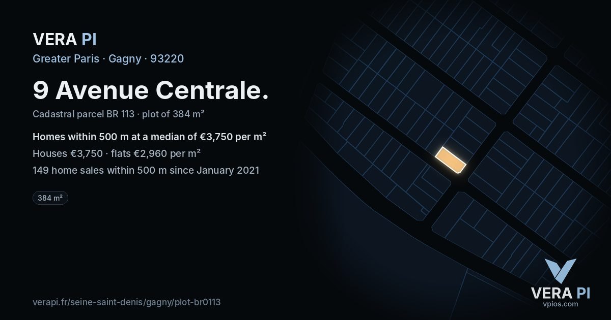 9 Avenue Centrale, Gagny at night – the plot lit, the parcels around coloured by the prices near them