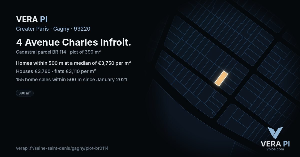4 Avenue Charles Infroit, Gagny at night – the plot lit, the parcels around coloured by the prices near them