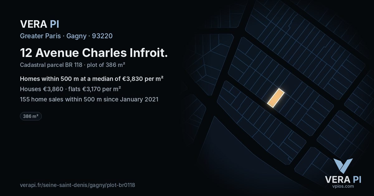 12 Avenue Charles Infroit, Gagny at night – the plot lit, the parcels around coloured by the prices near them