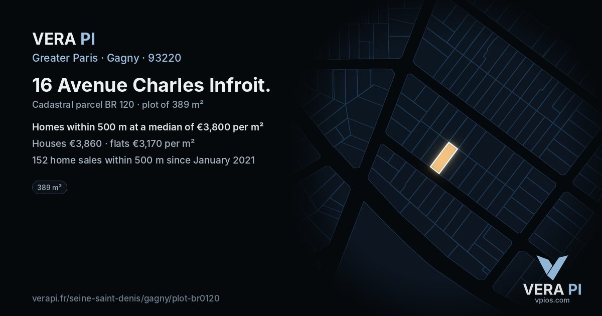 16 Avenue Charles Infroit, Gagny at night – the plot lit, the parcels around coloured by the prices near them