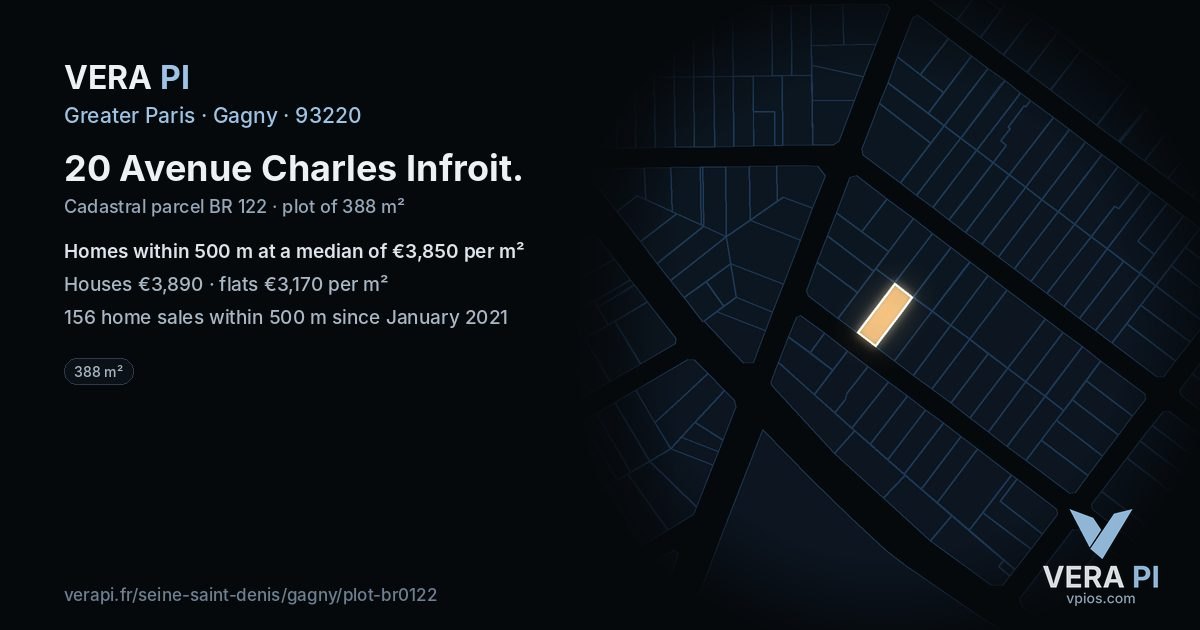 20 Avenue Charles Infroit, Gagny at night – the plot lit, the parcels around coloured by the prices near them