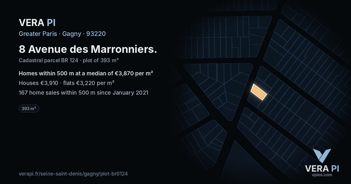 8 Avenue des Marronniers, Gagny at night – the plot lit, the parcels around coloured by the prices near them