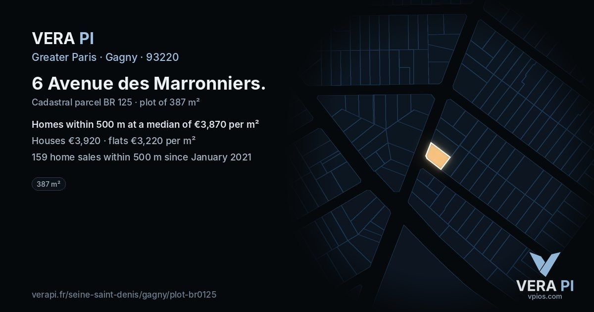 6 Avenue des Marronniers, Gagny at night – the plot lit, the parcels around coloured by the prices near them