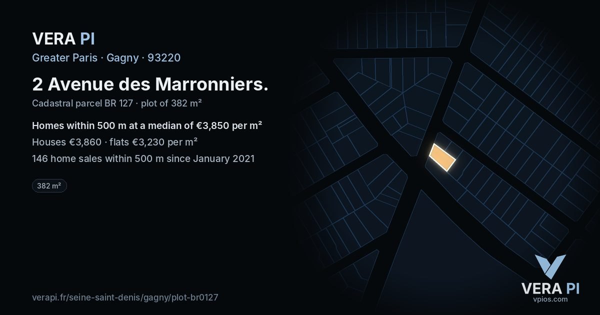 2 Avenue des Marronniers, Gagny at night – the plot lit, the parcels around coloured by the prices near them