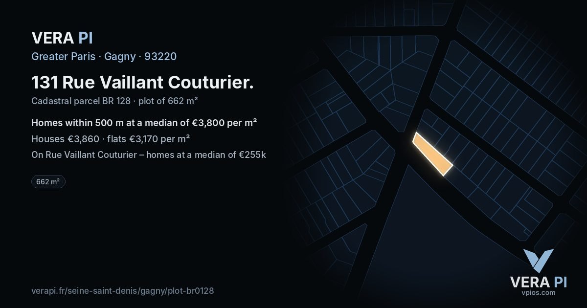 131 Rue Vaillant Couturier, Gagny at night – the plot lit, the parcels around coloured by the prices near them