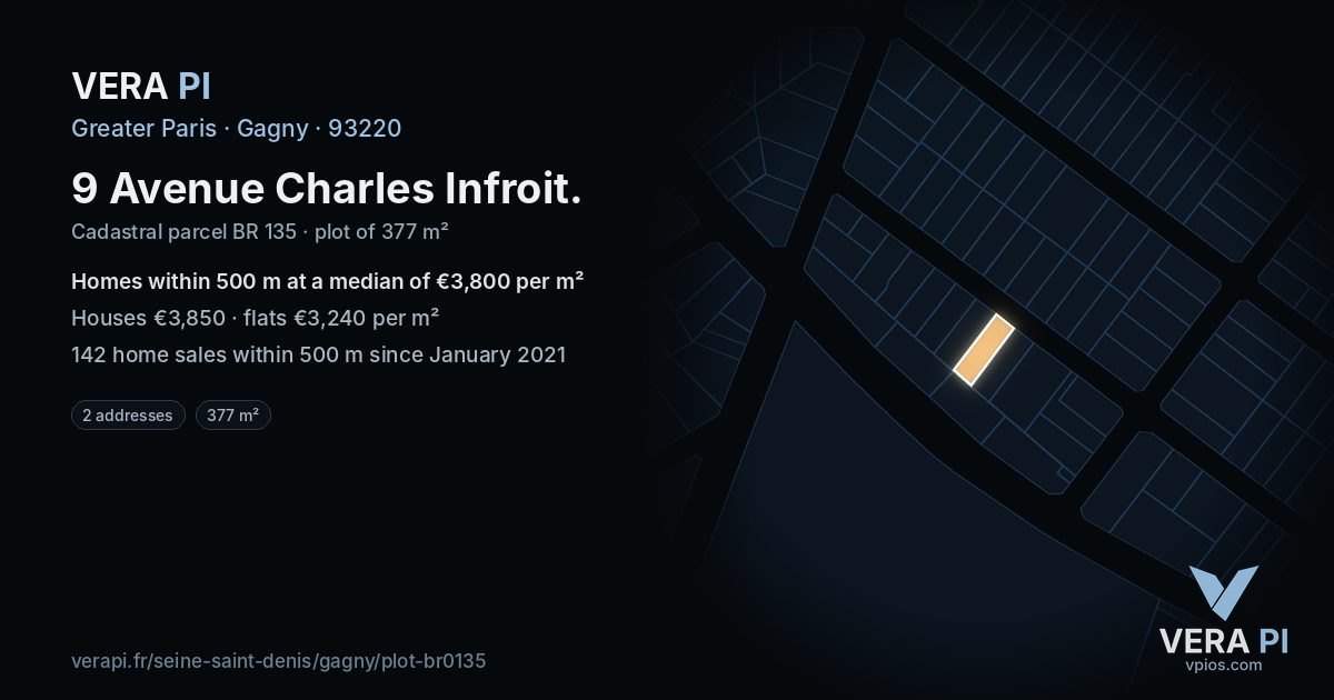 9 Avenue Charles Infroit, Gagny at night – the plot lit, the parcels around coloured by the prices near them
