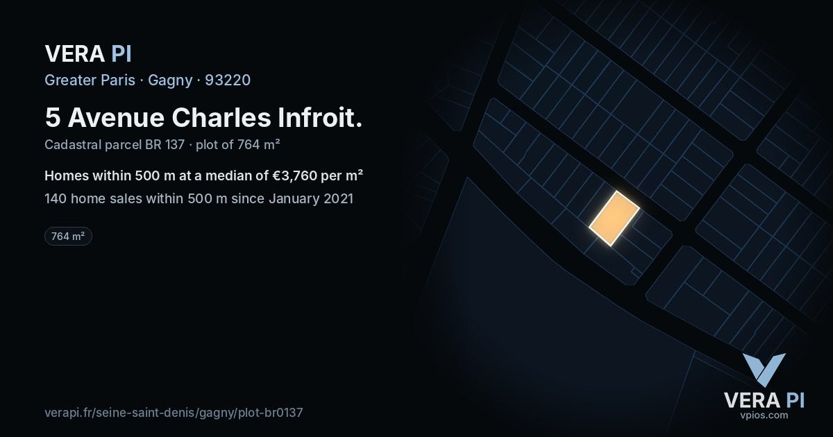 5 Avenue Charles Infroit, Gagny at night – the plot lit, the parcels around coloured by the prices near them