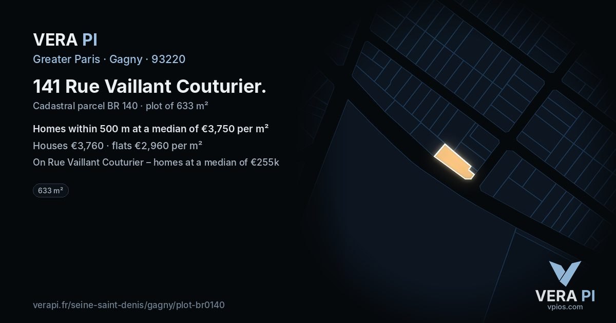 141 Rue Vaillant Couturier, Gagny at night – the plot lit, the parcels around coloured by the prices near them