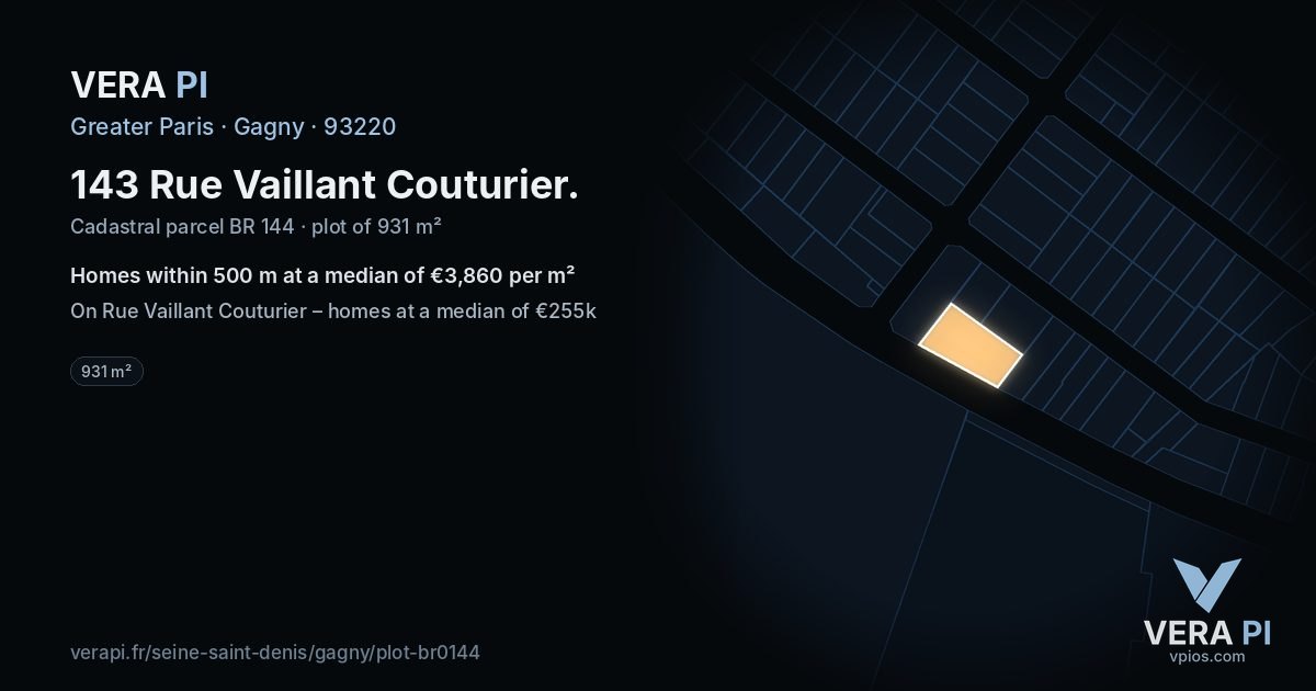 143 Rue Vaillant Couturier, Gagny at night – the plot lit, the parcels around coloured by the prices near them