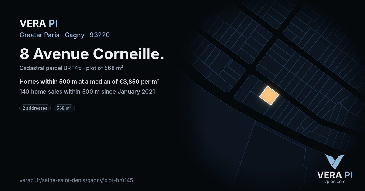 8 Avenue Corneille, Gagny at night – the plot lit, the parcels around coloured by the prices near them