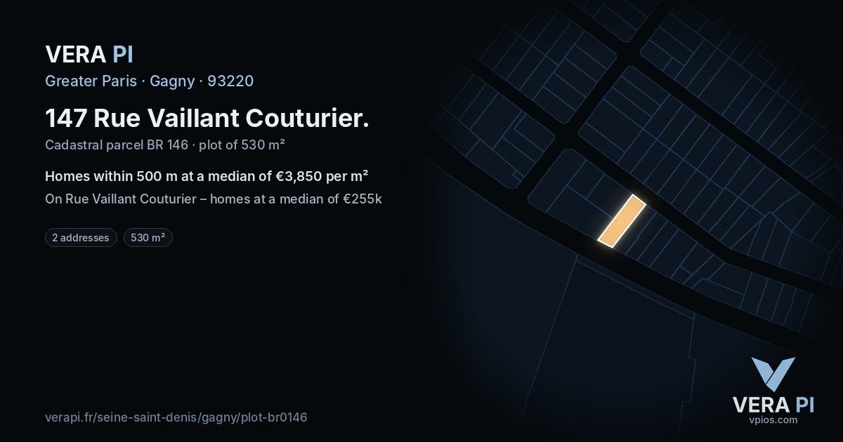 147 Rue Vaillant Couturier, Gagny at night – the plot lit, the parcels around coloured by the prices near them