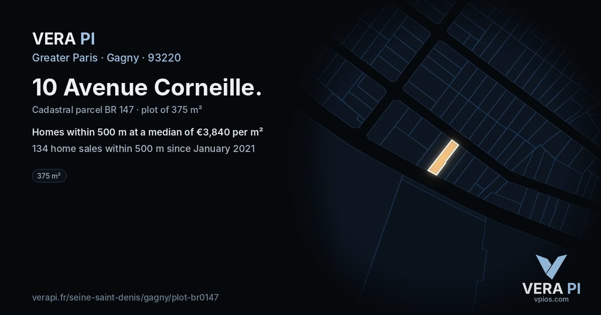 10 Avenue Corneille, Gagny at night – the plot lit, the parcels around coloured by the prices near them