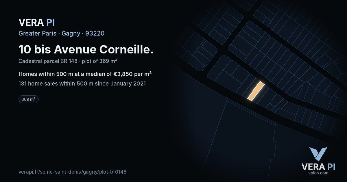 10 bis Avenue Corneille, Gagny at night – the plot lit, the parcels around coloured by the prices near them
