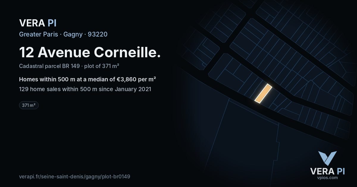 12 Avenue Corneille, Gagny at night – the plot lit, the parcels around coloured by the prices near them