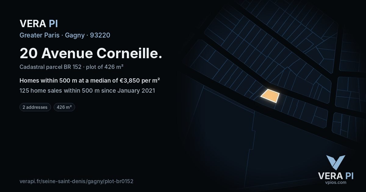 20 Avenue Corneille, Gagny at night – the plot lit, the parcels around coloured by the prices near them